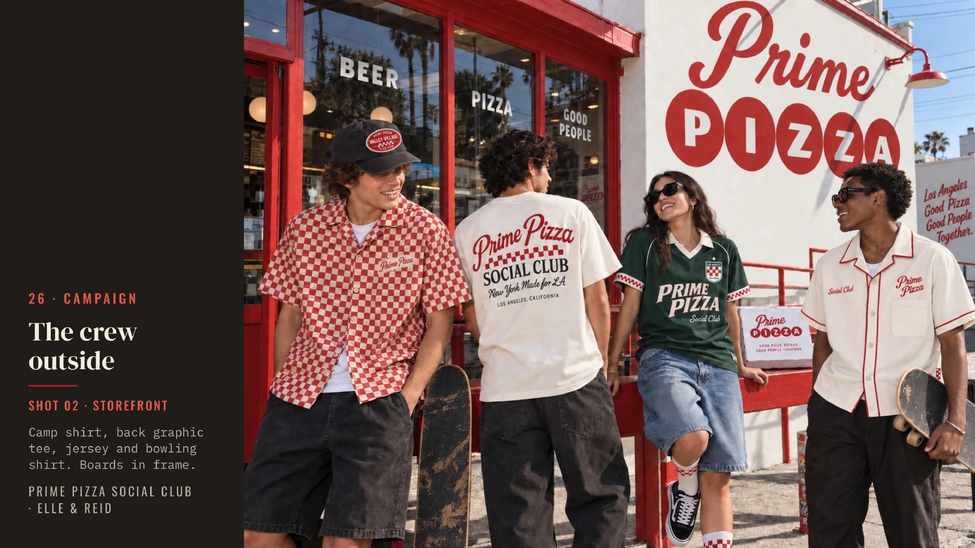 Four models wearing Prime Pizza Social Club concept apparel outside the Prime Pizza storefront