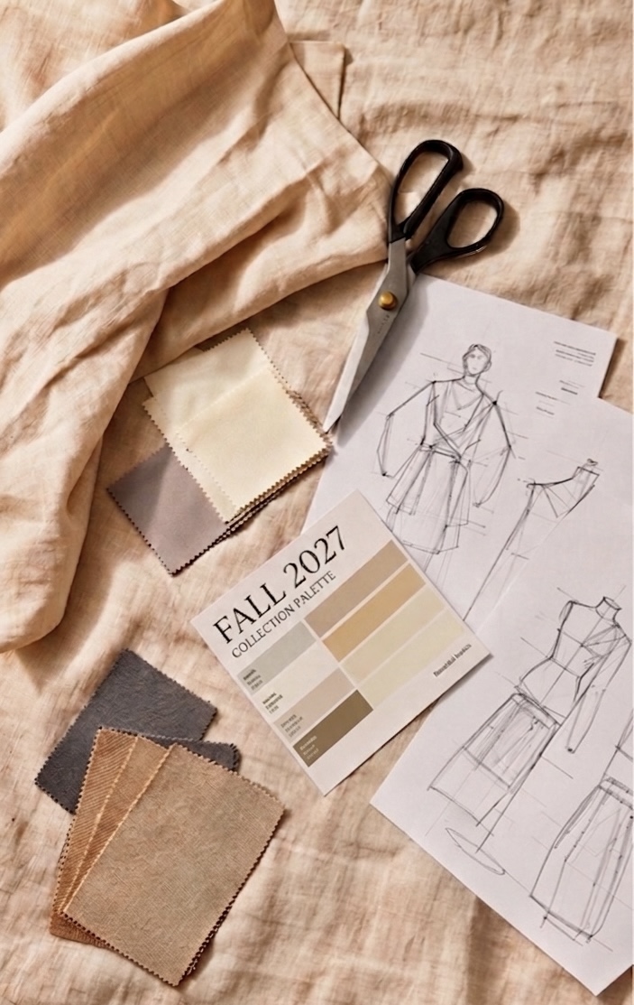 Fashion design process, fabric swatches, technical sketches, and color cards